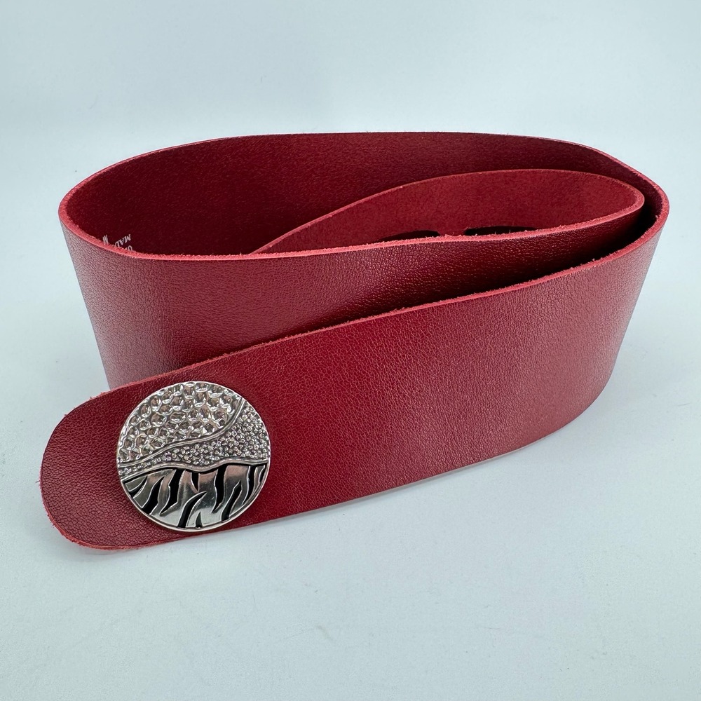 Chicos Wide Belt Womens M Red Genuine Leather Rhinestone Zebra Statement Buckle